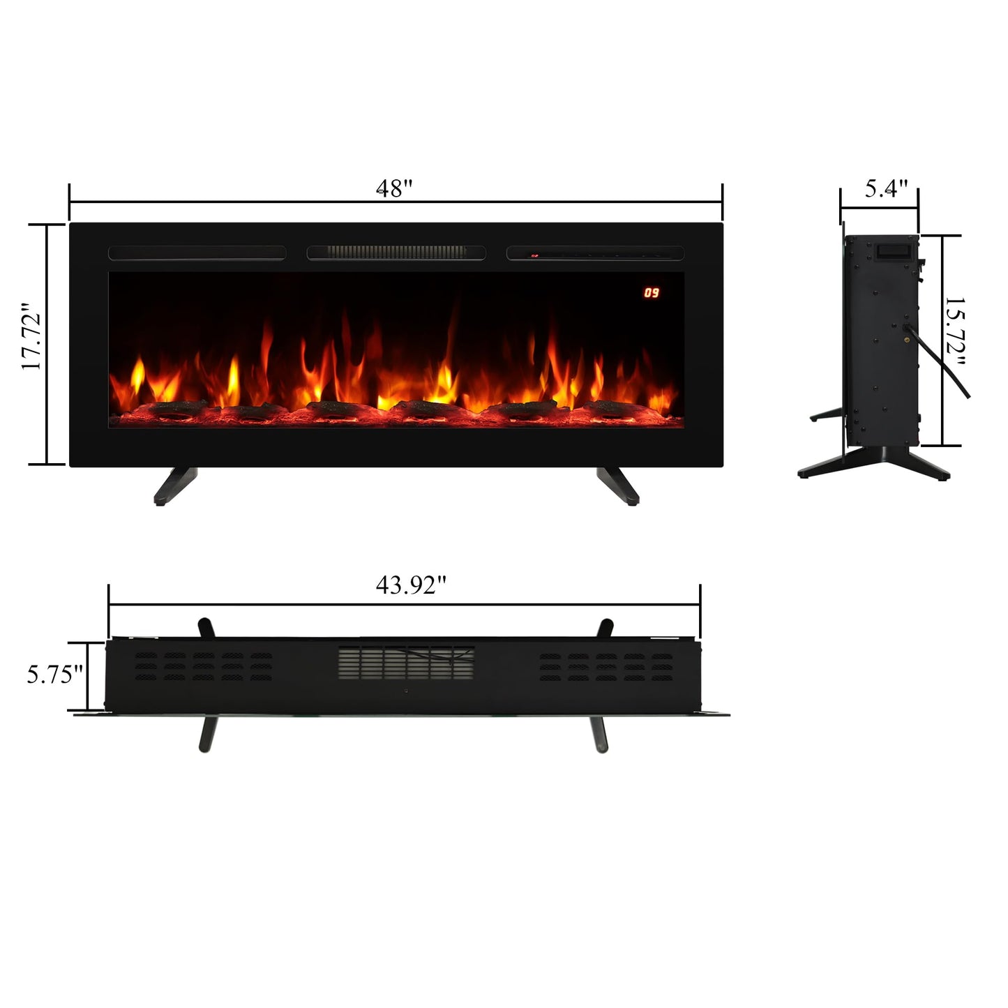 48 Inch Wall Mounted/Recessed/Freestanding Electric Fireplace Inserts,3 in 1 Electric Fireplace with 4 Solid Flame Colors & 10 Mixed Flame Colors,1-9H Timer, 750w/1500w