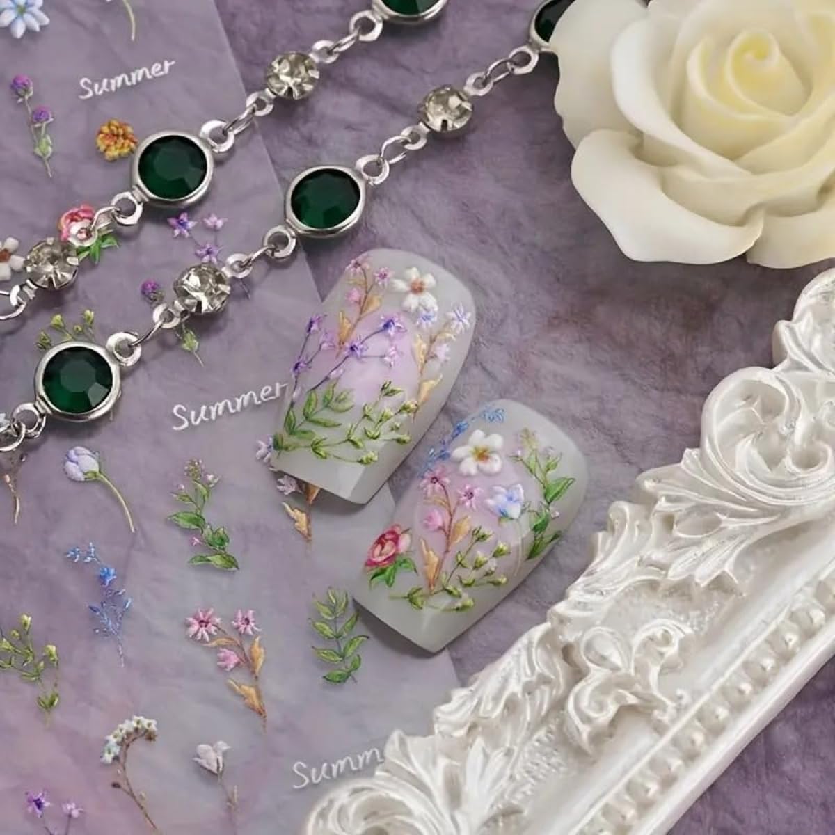 5D Embossed Flower Nail Stickers for Nail Art - Flower Nail Art Stickers Spring Summer Floral Leaf Plant Nail Decals Self-Adhesive Nail Supplies Manicure Sliders Flowers Sticker for Women Girls DIY
