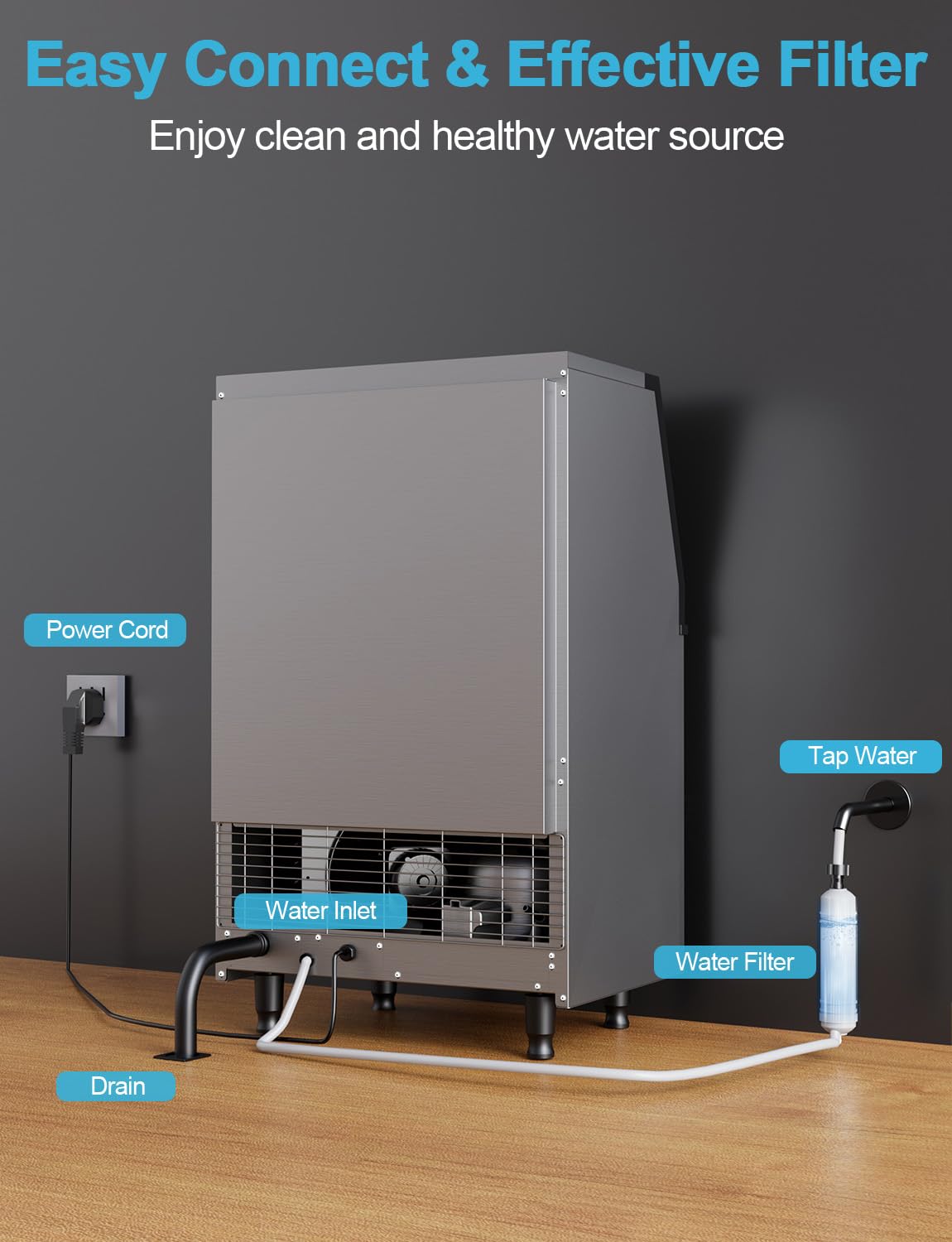 Commercial Ice Maker Machine, 150 lbs/24H, Under Counter Ice Machine, Stainless Steel Freestanding Ice Makers for Home Bar Restaurant Outdoor, Self-Cleaning, 45Pcs Ice Cubes 6Mins