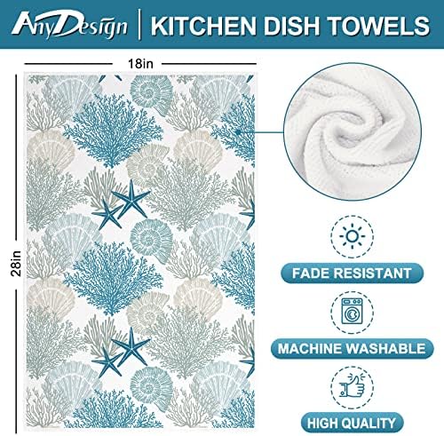 Ocean Theme Kitchen Dish Towel Beach Seashell Coral Starfish Hand Dying Towel Sea Creature Tea for Cooking Baking Kitchen Accessories, Set of 2, 18 x 28 Inch