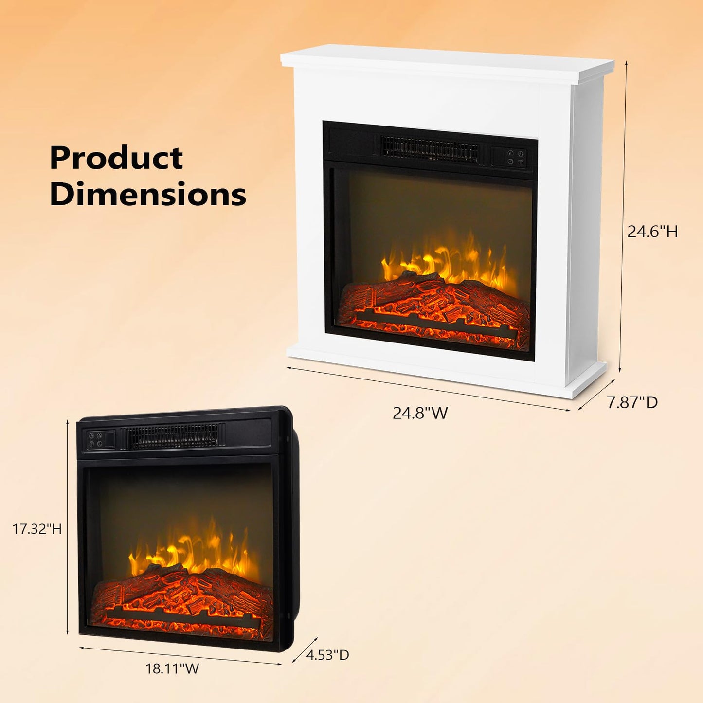 ROVSUN 25'' Electric Fireplace with Mantel, Freestanding Heater with Remote, Timer, Realistic Flame & Adjustable Temperature for Home Bedroom Living Room Indoor, 1400W