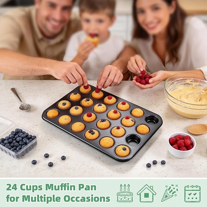 P&P CHEF 24-Cup Mini Muffin Pan Tin, Nonstick Carbon Steel Cupcake Pans, Versatile Bakeware Ideal for Mini Muffin Cupcake Egg Tart Pudding, Oven Safe & Even Bake, Healthy & Easy Clean, Black, 2Pcs