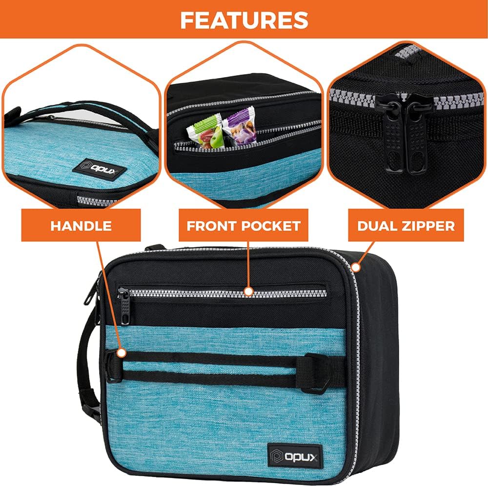 opux Insulated Lunch Box for Men Women Adult, Compact Lunch Bag for Kids Boy Girl Teen, Soft Lunch Cooler Bag for Work School, Leakproof Lunchbox Lunch Pail with Clip-on Buckle, Heather Sea Blue