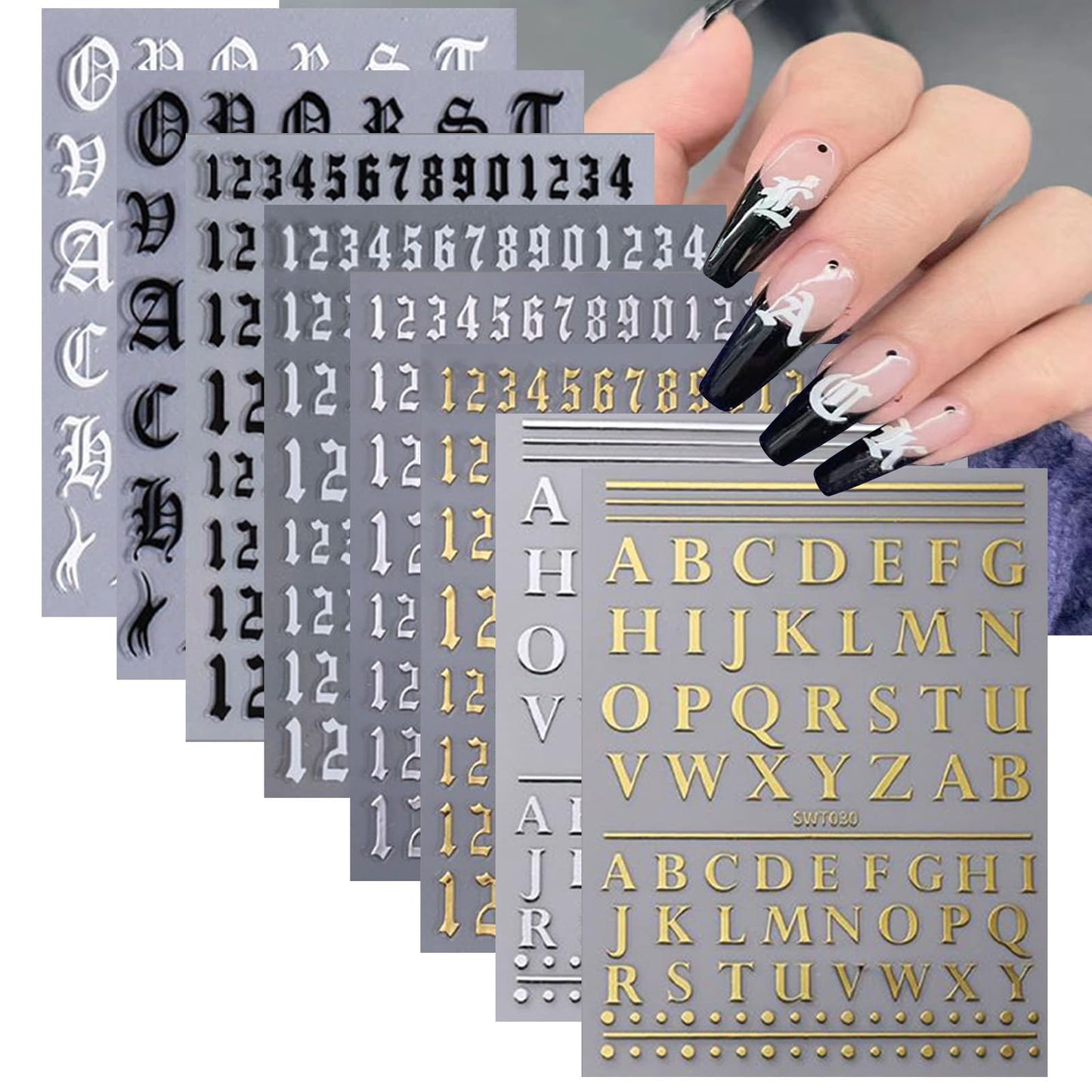 8 Sheets Letters Nail Stickers Decals Alphabet Numbers Nail Decals for Nail Art 3D Self-Adhesive Metallic Black Silver Gold Nail Art Stickers Supplies for Women Girls Nail Decoration Manicure
