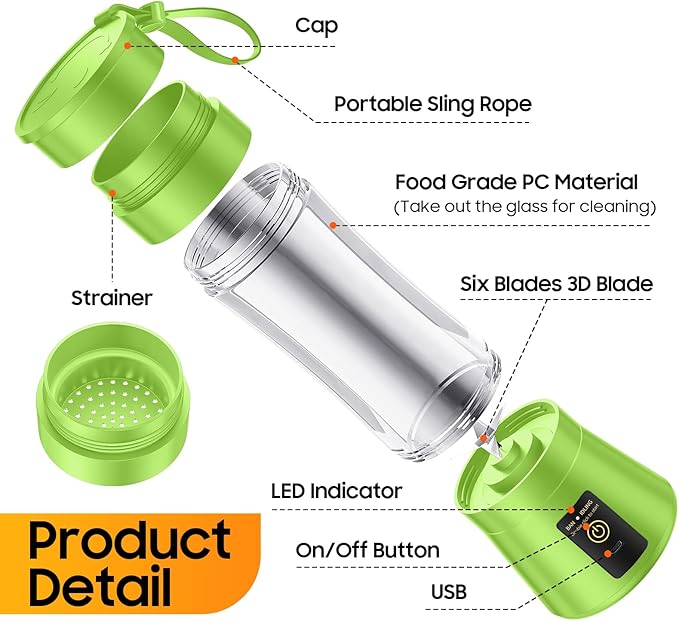Cordless Portable Personal Size Blender - Mini Blender Make Smoothies and Shakes, 380Ml BPA Free Travel Cup, Powerful Blending Suit in Office/Home/Gym