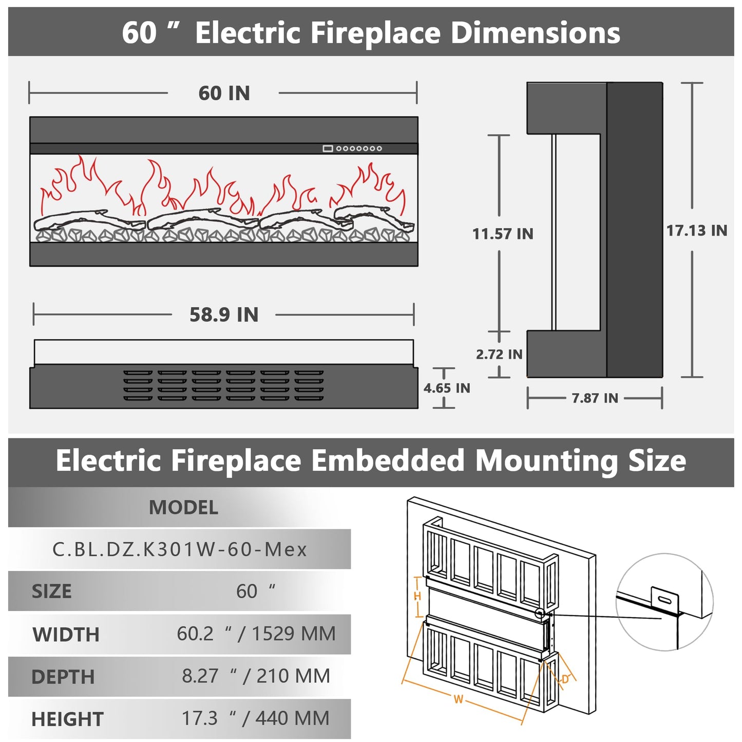 3 Sided Glass Built-in 60" Electric Fireplace - Multi-Color Flames, Heater, DIY Crystal & Log Set, Smart App & Remote Control