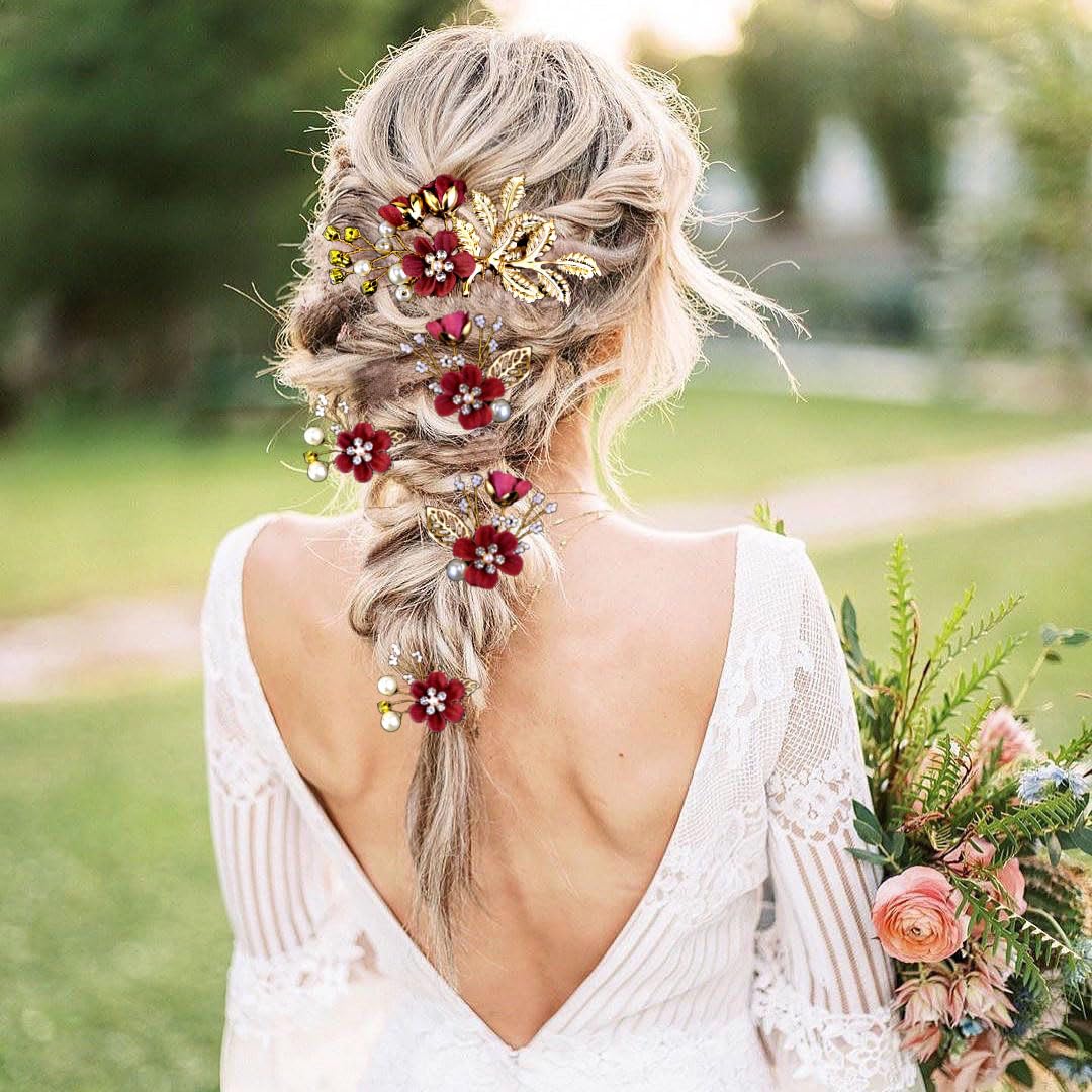 5 PCS Bridal Flower Wedding Hair Pins Crystal Pearl Headpiece Gold Wedding Hair Accessories Jewelry Rhinestone for Brides Bridesmaids Women Girls Updo, Exquisite Flower Leaves&Elegant Burgundy