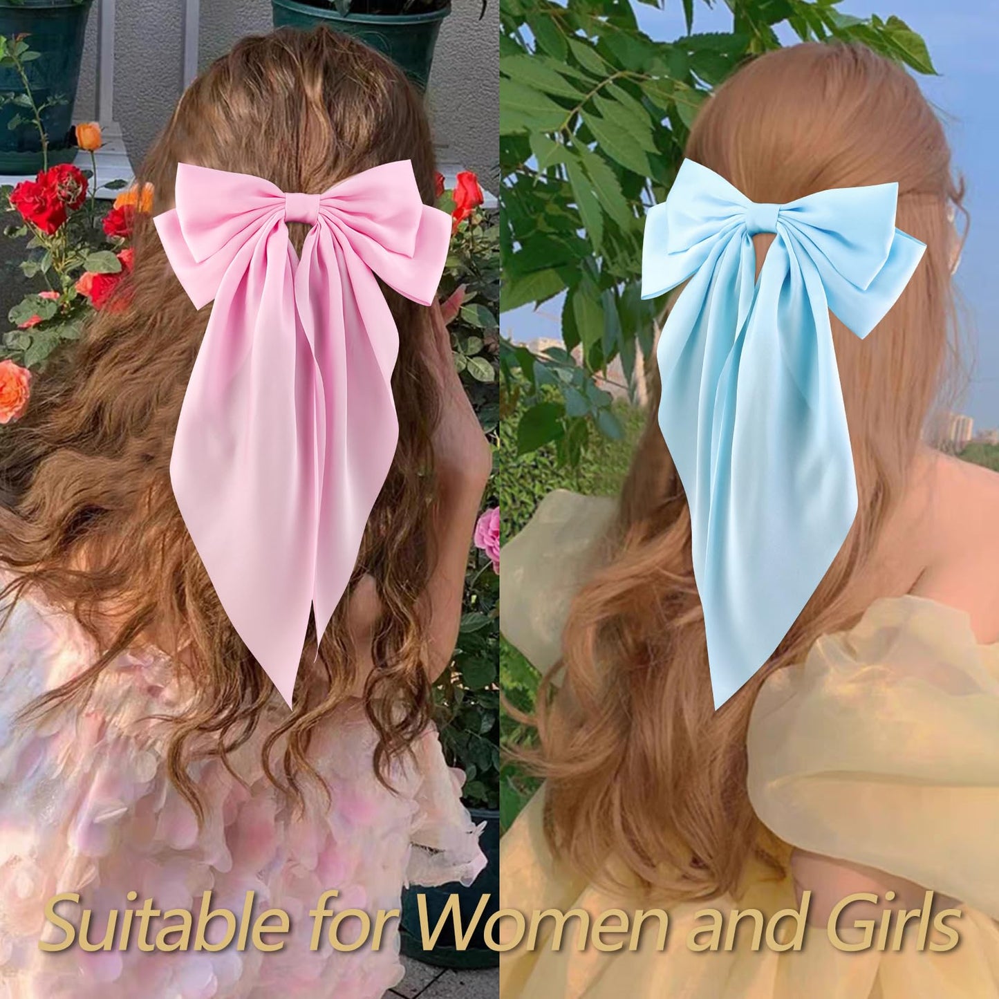 VELSCRUN Women's & Girls' 4-Pack Navy Blue & Pink Satin Hair Bows - Large Coquette & Oversized Ribbons - Long Tail Barrettes - Hair Accessories & Gifts