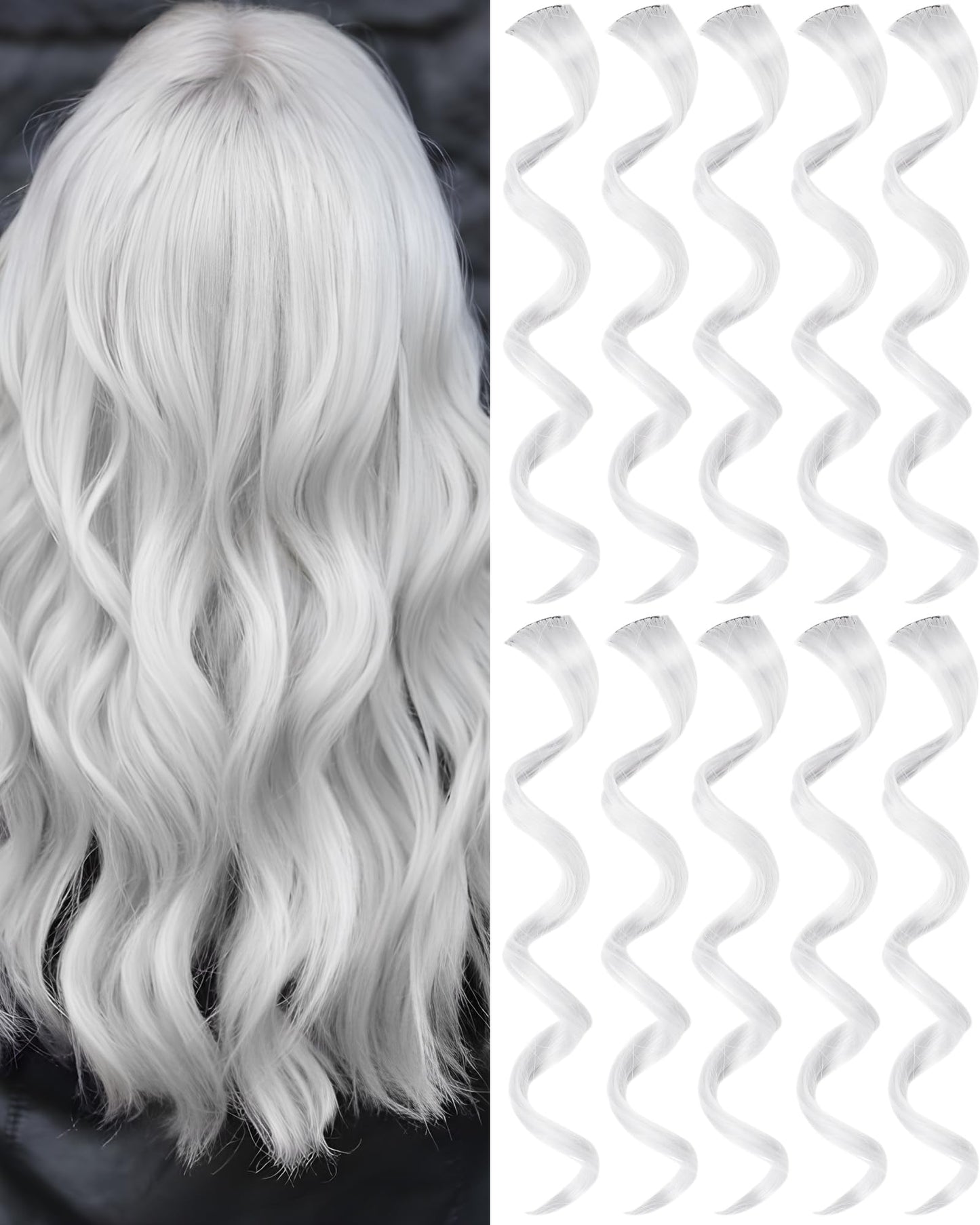 Olldag 10 PCS White Hair Extensions Clip-in, Curly Wavy Synthetic Hairpieces Clip in Rainbow Neon Party Highlights, Colorful Hair Accessories for Kids Girls Women