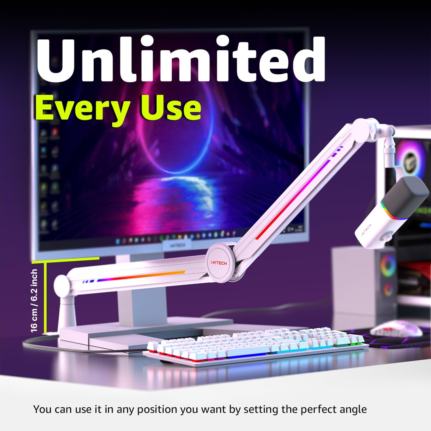 IXTECH RGB Mic Boom Arm High Profile, Overhead Boom Arm Microphone Stand Desk Mount, Adjustable Microphone Stand with Desk Mount, Mic Arm for Live Streaming Gaming Podcasting Recording (White)
