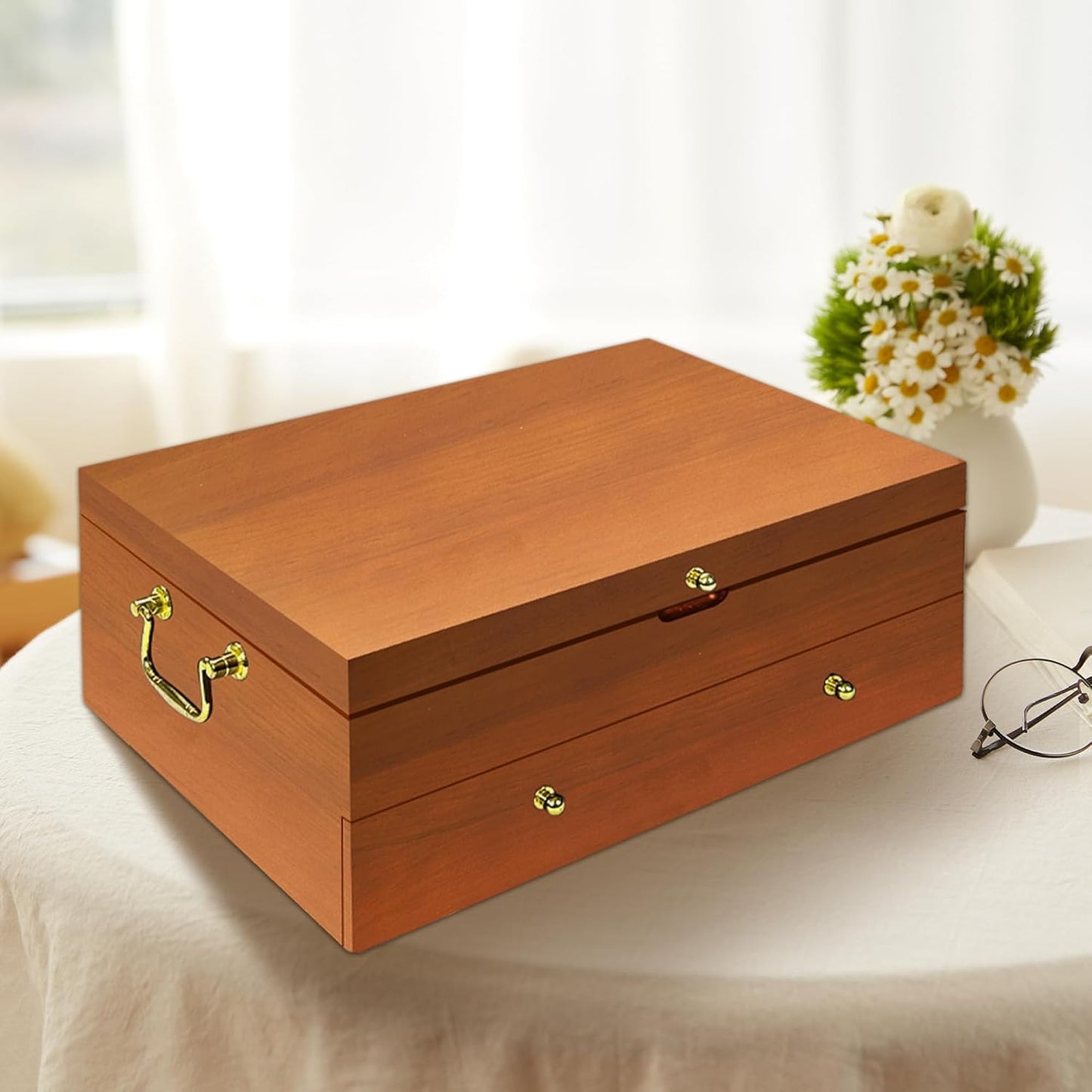 Silverware Storage Box Solid Wood with Lid, 2 Layer Silverware Storage Chest, 15.5'' ×11.5'' Silverware Organizer with Handle and Felt Lined, Chest for Flatware Setting Up 30