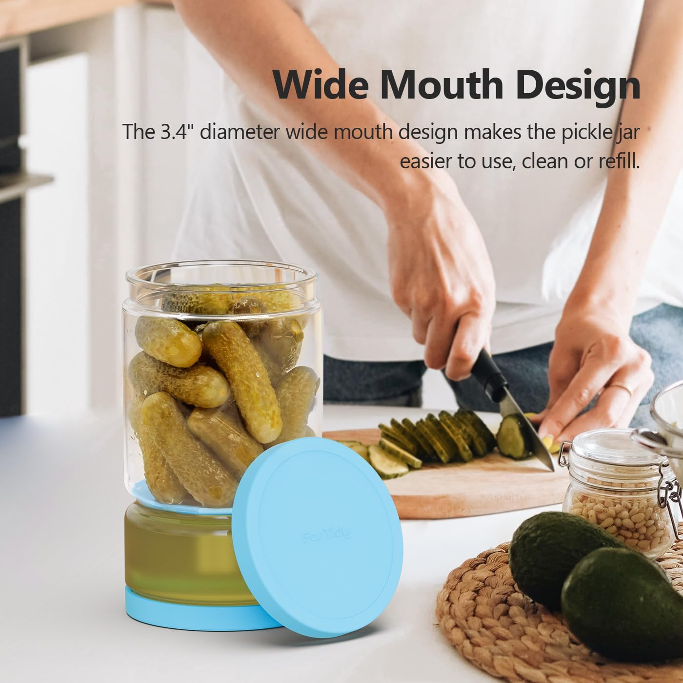 Glass Pickle Jar with Strainer Flip for Pickle Lover - 45 OZ Leakproof Airtight Juice Separator for Olive, Gherkin or Chilli, BPA Free, Dishwasher and Refrigerator Safe (Blue, 45 oz*1 pack)
