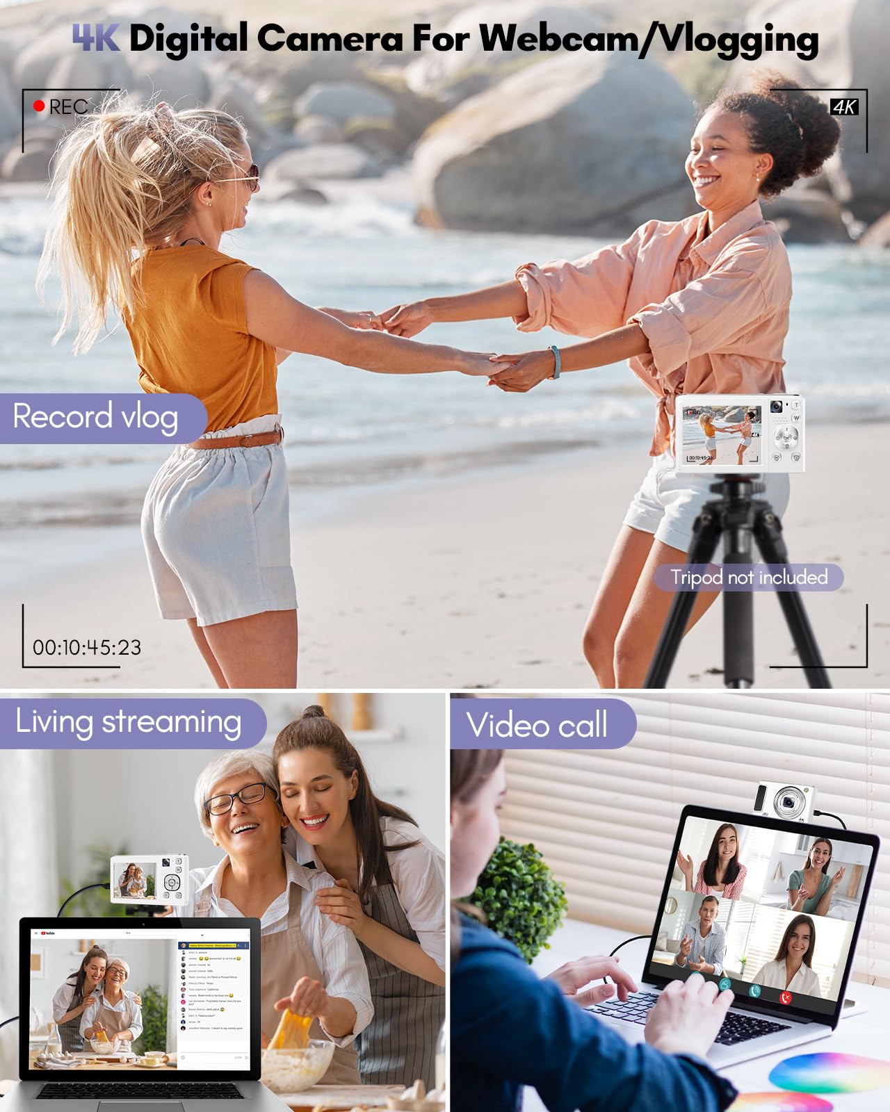 4K Digital Camera, 48MP Autofocus Cameras for Photography,Vlogging Compact Camera with Front and Rear Camera, 16X Zoom Protable Point and Shoot Cameras with 32GB SD Card,Anti-Shake,2 Batteries