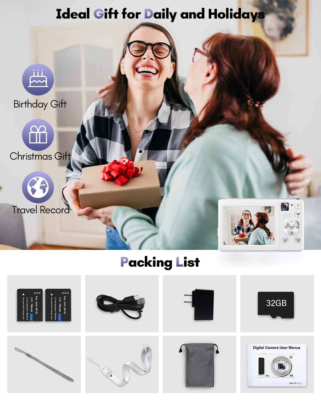 4K Digital Camera, 48MP Autofocus Cameras for Photography,Vlogging Compact Camera with Front and Rear Camera, 16X Zoom Protable Point and Shoot Cameras with 32GB SD Card,Anti-Shake,2 Batteries