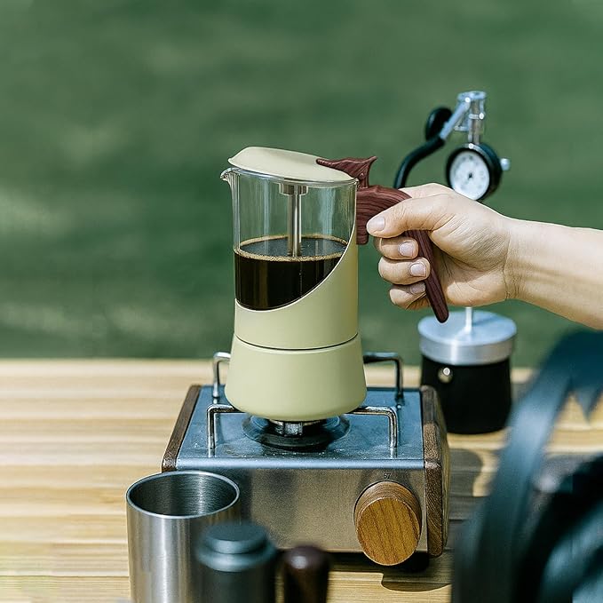 Glass Moka Pot for Stovetop & Induction - Italian Espresso Maker with Wood Handle & Leak-Proof Design - Comes with Induction Heat Diffuser Plate (6 Cup, Pale orange 240ml)