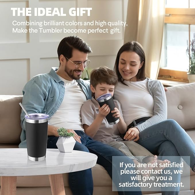 Volhoply 20oz Stainless Steel Tumbler with Lid and Straw,Double Wall Insulated Travel Iced Coffee Mug Fits Car Cup holder,Powder Coated Cups for Hot and Cold Drinks,Gifts for Women Men(Black,1 Set)