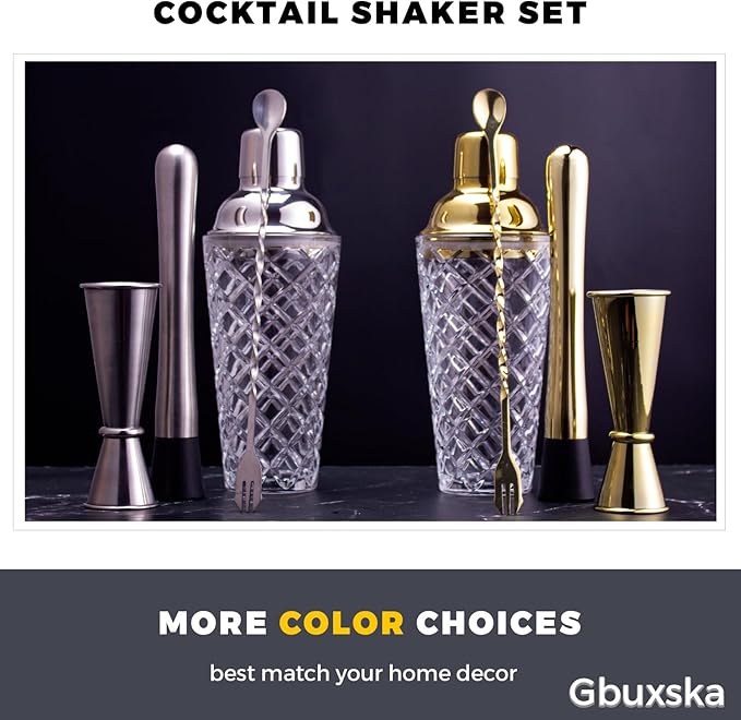 Gold Cocktail Shaker Set - Premium Glass Bartender Kit with Measuring Jigger, Mixing Spoon, and Muddler