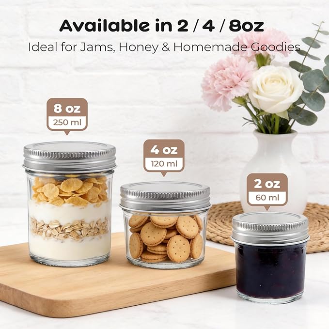 12 Pack 2 oz Small Mason Jars, Mini Glass Jars with Lids for Jam Ginger Shots Honey Spices Wedding Favors, Includes Labels, String & Handmade Tags