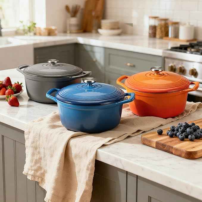 Overmont Enameled Cast Iron Dutch Oven - 5.5QT Pot with Lid Cookbook & Cotton Potholders - Heavy-Duty Cookware for Braising, Stews, Roasting, Bread Baking Grey