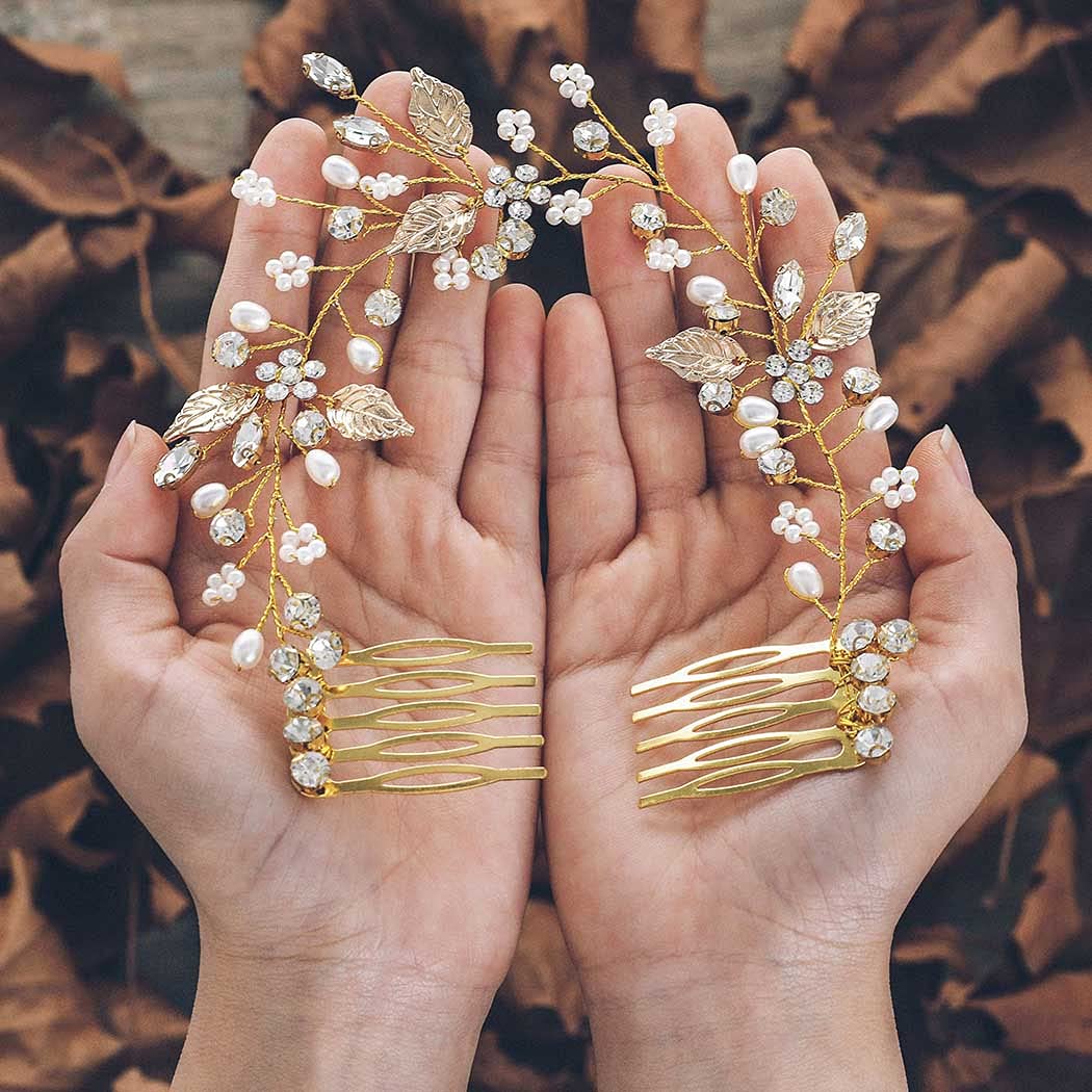 Gorais Crystal Bride Wedding Hair Combs Gold Leaf Bridal Hair Pieces Pearl Hair Accessories for Women and Girls (A-Gold) (A-Gold)