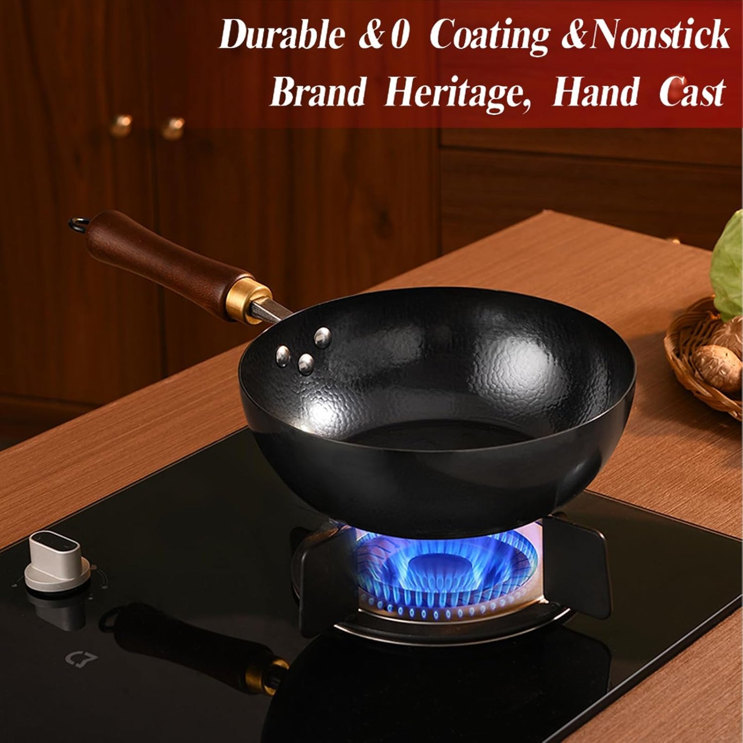 Carbon Steel Wok Pan, 9.5 “ Woks & Stir-Fry Pans with glass Lid Cookwares, Nonstick Wok, No Chemical Coated Flat Bottom Hand Hammered Chinese Wok For for Electric, Induction, for All Stoves