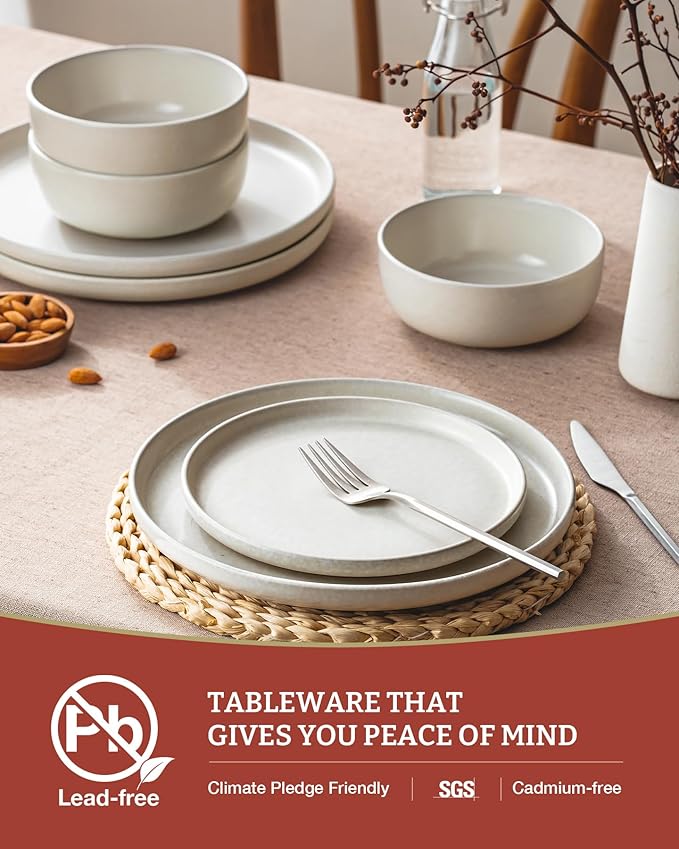 Famiware Milkyway Plates and Bowls Sets, 24 Pieces Dinnerware Sets, Reactive Glaze Dish Set, Stoneware Dishes Set for 8, Matte Beige White