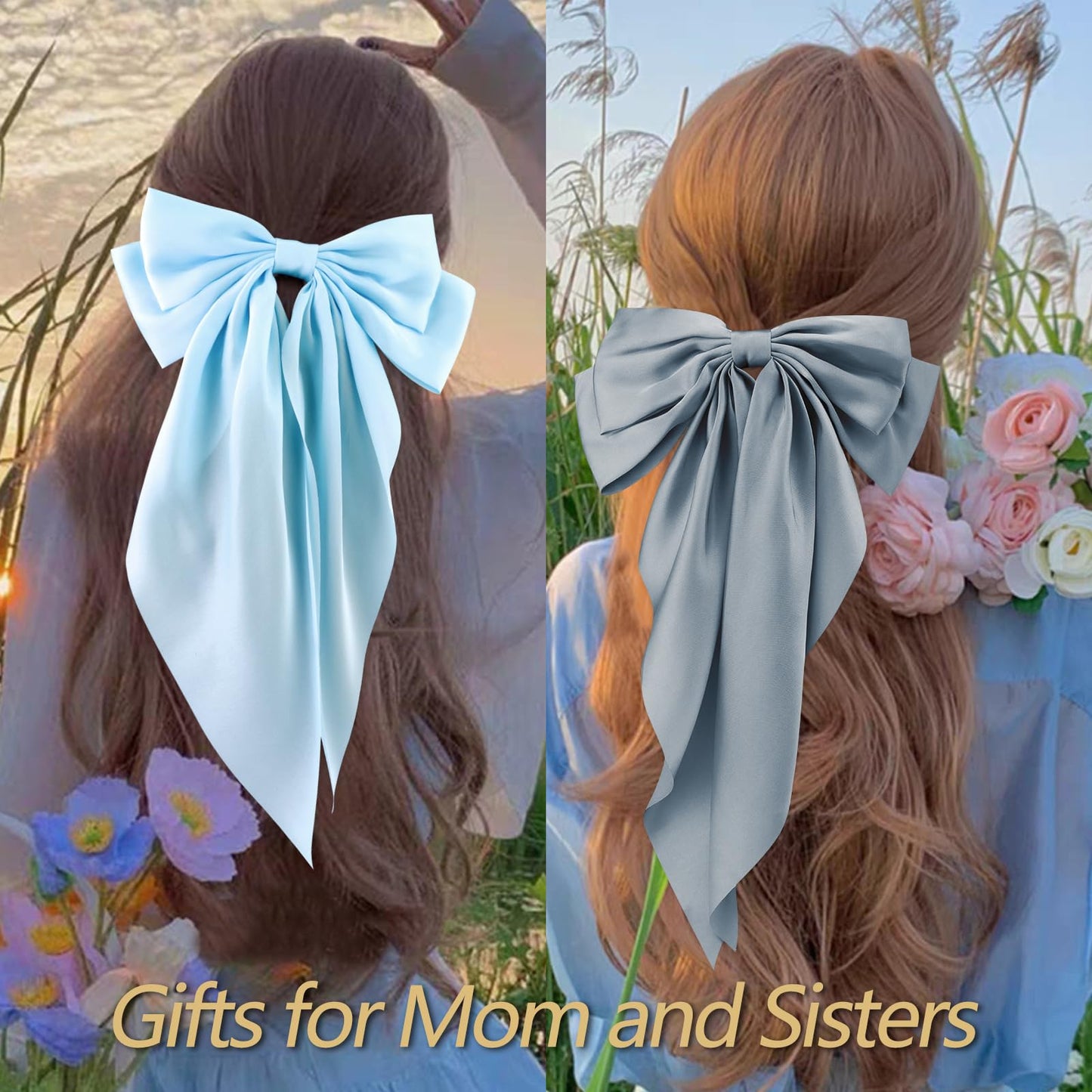 VELSCRUN Women's & Girls' 4-Pack Navy Blue & Pink Satin Hair Bows - Large Coquette & Oversized Ribbons - Long Tail Barrettes - Hair Accessories & Gifts