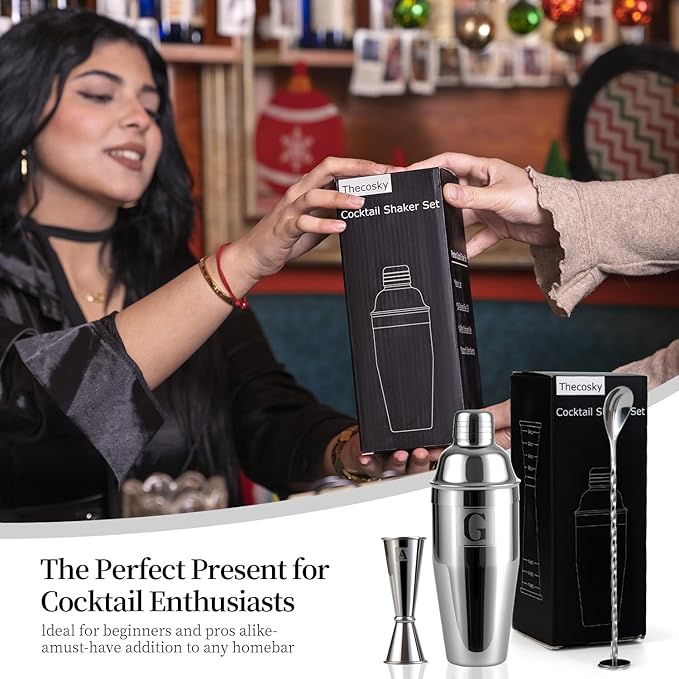 24oz Cocktail Shaker Set with 1 oz 2oz Jigger - Monogramm Initials Martini Shaker Set - 304 Stainless Steel Bar Shaker for Margarita,Mojito-Personalized Gift for Friend,Husband-I