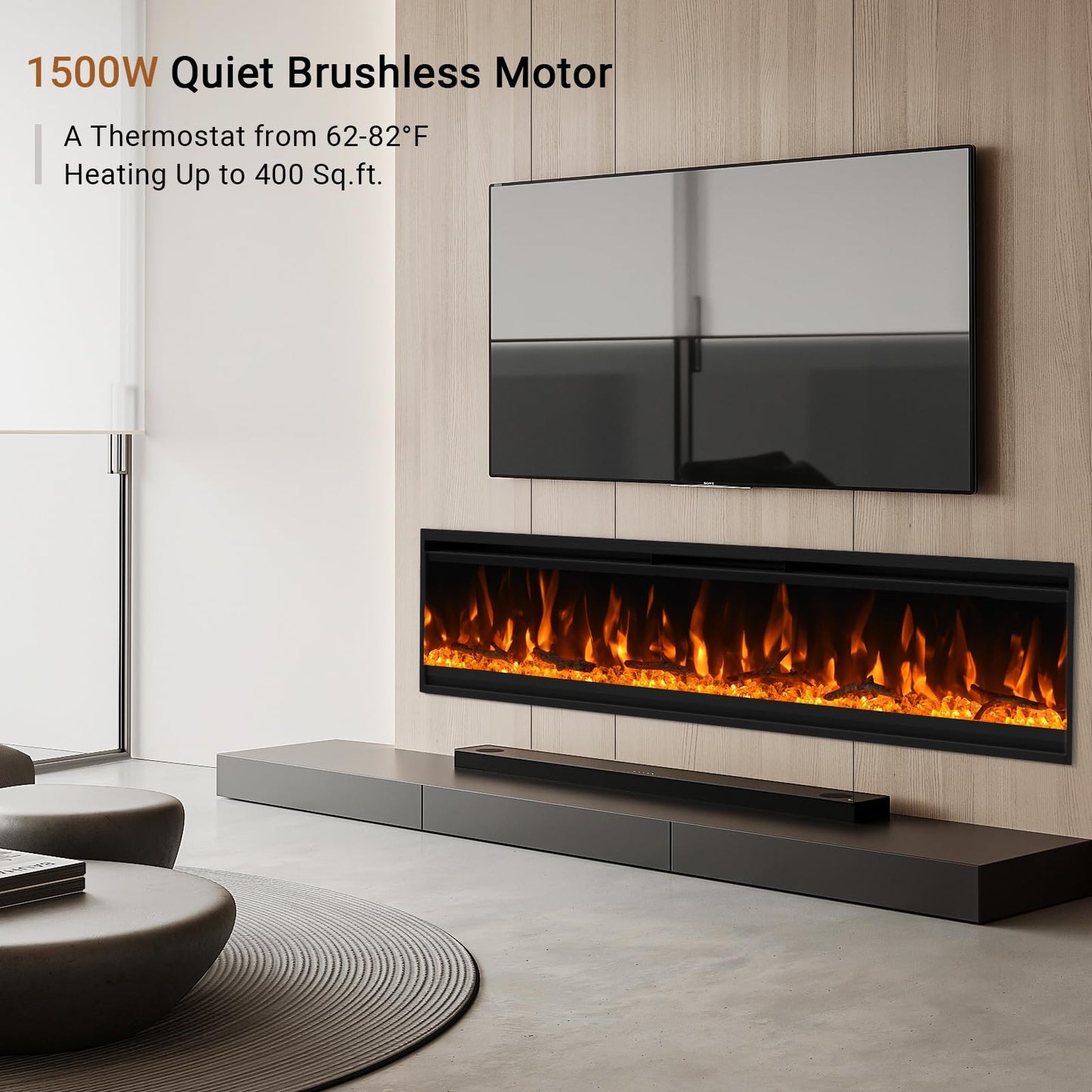 40 inch Electric Fireplace, Ultra-Thin Electric Fireplace Inserts, Ultra-Narrow Frame, Wall Mounted and Recessed Fireplace, Log & Crystal, Touch Screen & Remote Control, 1500W