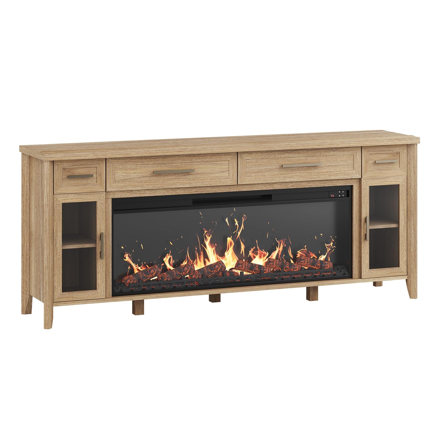 BELLEZE 74 Inch Rustic TV Stand with 48" Electric Fireplace, Extra Large Entertainment Center with Storage Cabinets & 4 Drawers, Media Console Table for Living Room Bedroom (Camel)