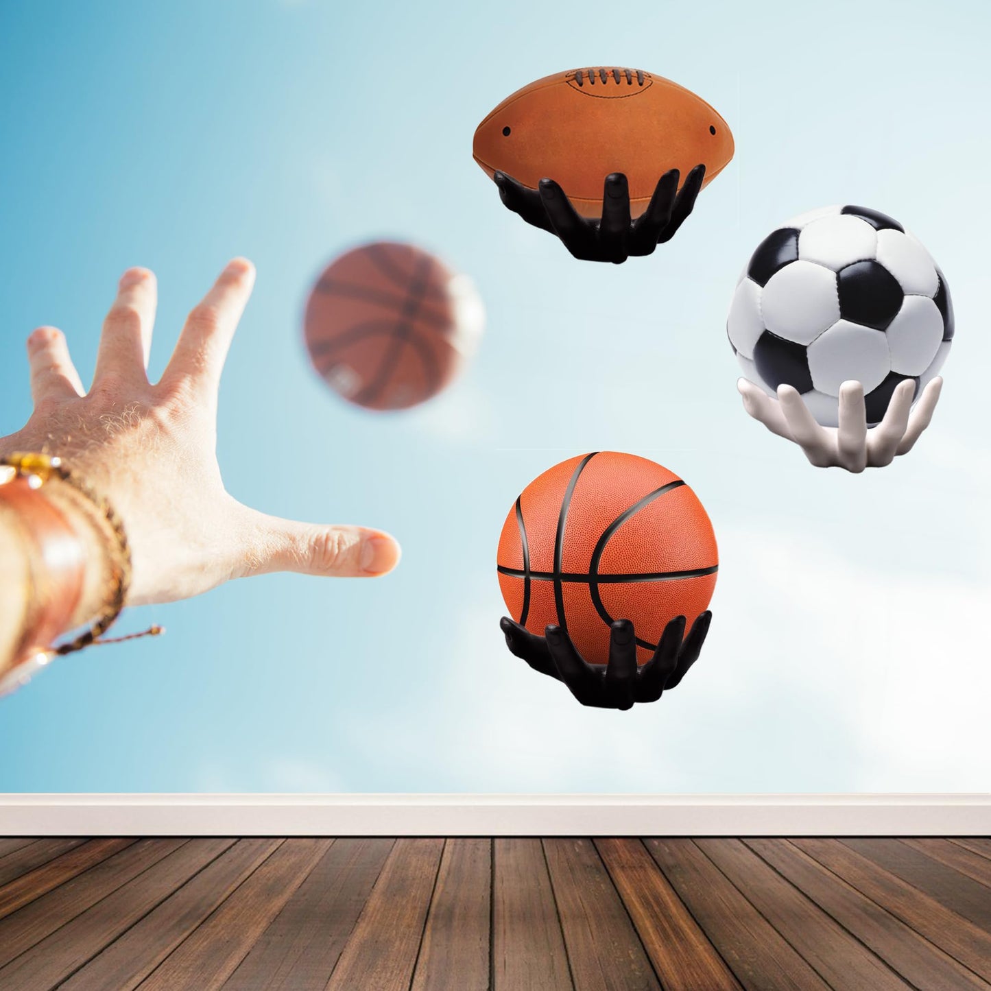 Basketball Holder, Hand Sculpture Ball Holder Wall Mount Art Decor Stand Basketball Storage Rack Organizer Display Case Man Cave for Football Soccer Gifts for Him Men Boys Gamers (White Ball Holder)