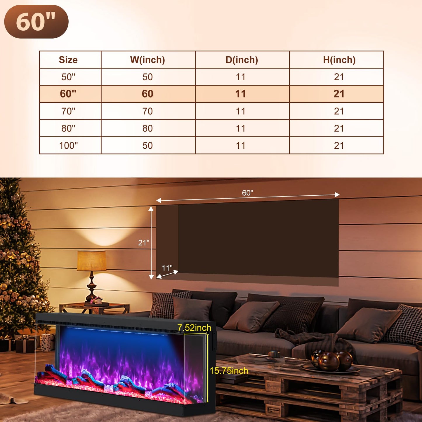 3 Sided Electric Fireplace, 60 inch Smart WiFi Fireplace Inserts, Mounted Eletric Fire Place Heater with 251 RGB LED Flame Colors, Remote Control, Log, Crystals, Black
