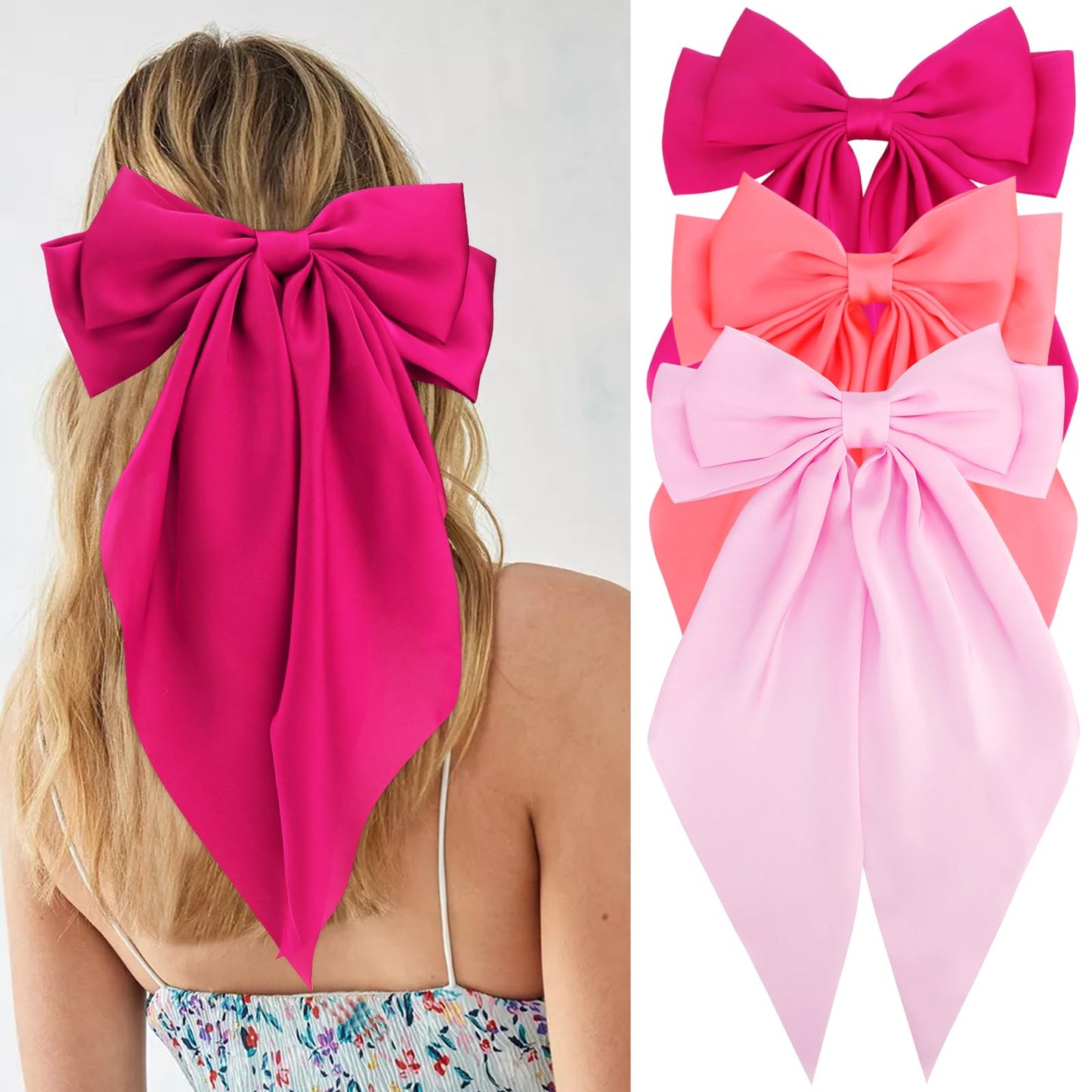 Velscrun 3Pcs Hair Accessories - Rose Pink, Neon Pink Silky, and Big Satin Oversized Long Tail Barrettes Clips with Ribbons for Women & Girls, Gifts