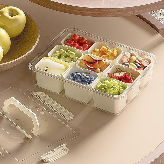 REBECAT Divided Serving Tray with Lid and Handles 9 Compartments Snack Box Container Charcuterie Organizer Snackle Box Container for Candy,Nuts,Fruits,Snacks,2 Pack,Beige