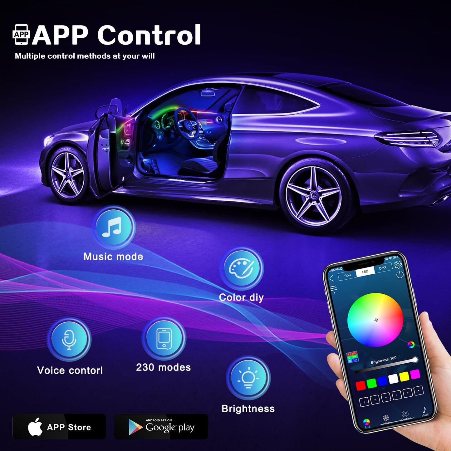 Dreamcolor Acrylic Interior Car LED Strip Light with Wireless APP, RGB 22 in 1 with 175 inches 600 LEDs Fiber Optic Ambient Lighting Kits, Dynamic Chasing Music Sync Neon LED Strip for Car Accessories