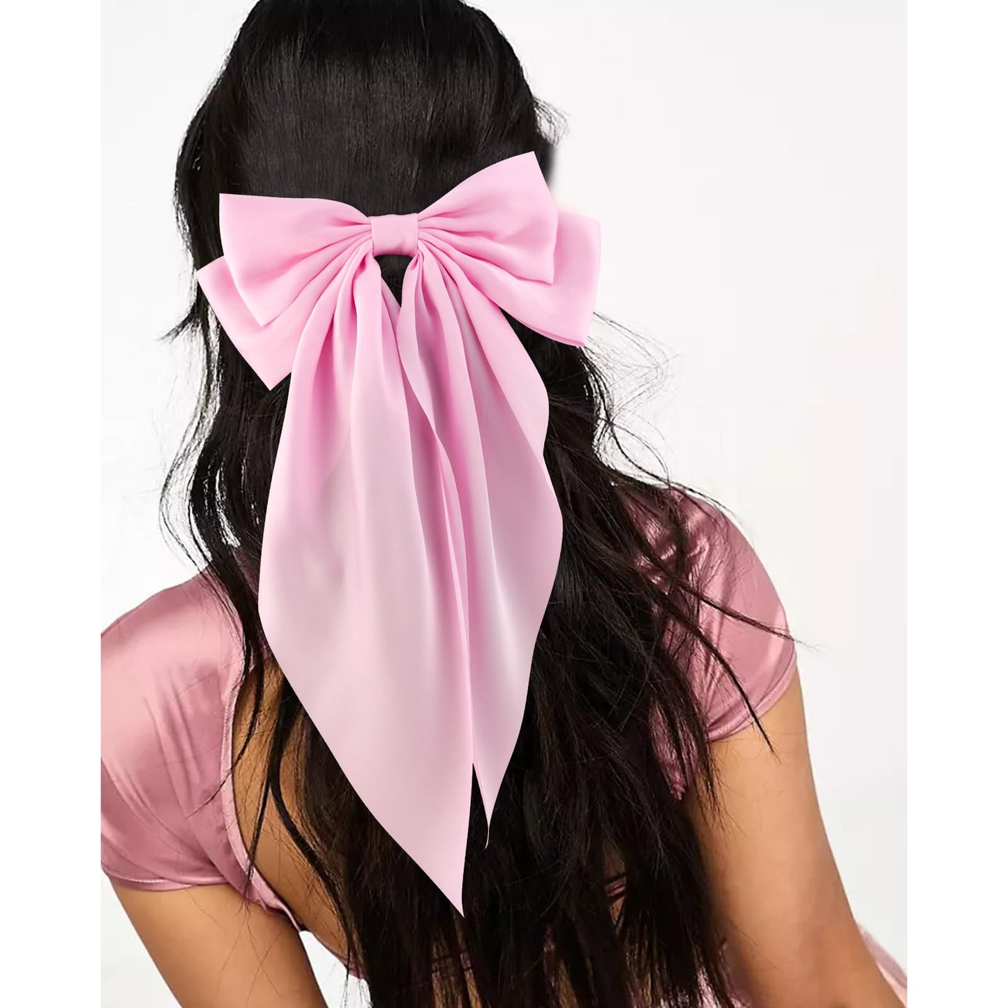 VELSCRUN Women's & Girls' 4-Pack Navy Blue & Pink Satin Hair Bows - Large Coquette & Oversized Ribbons - Long Tail Barrettes - Hair Accessories & Gifts