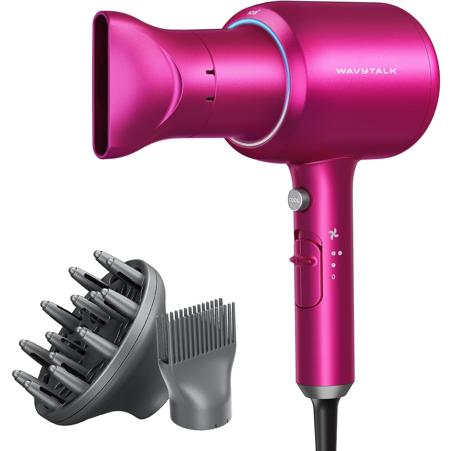 Wavytalk Hair Dryer with Diffuser, Blown Away Ionic Hair Dryer for Curly Hair, 1875W Fast Drying Blow Dryer with Ceramic Technology, 3 Attachments for All Hair Types, Light and Quiet, Hot Pink