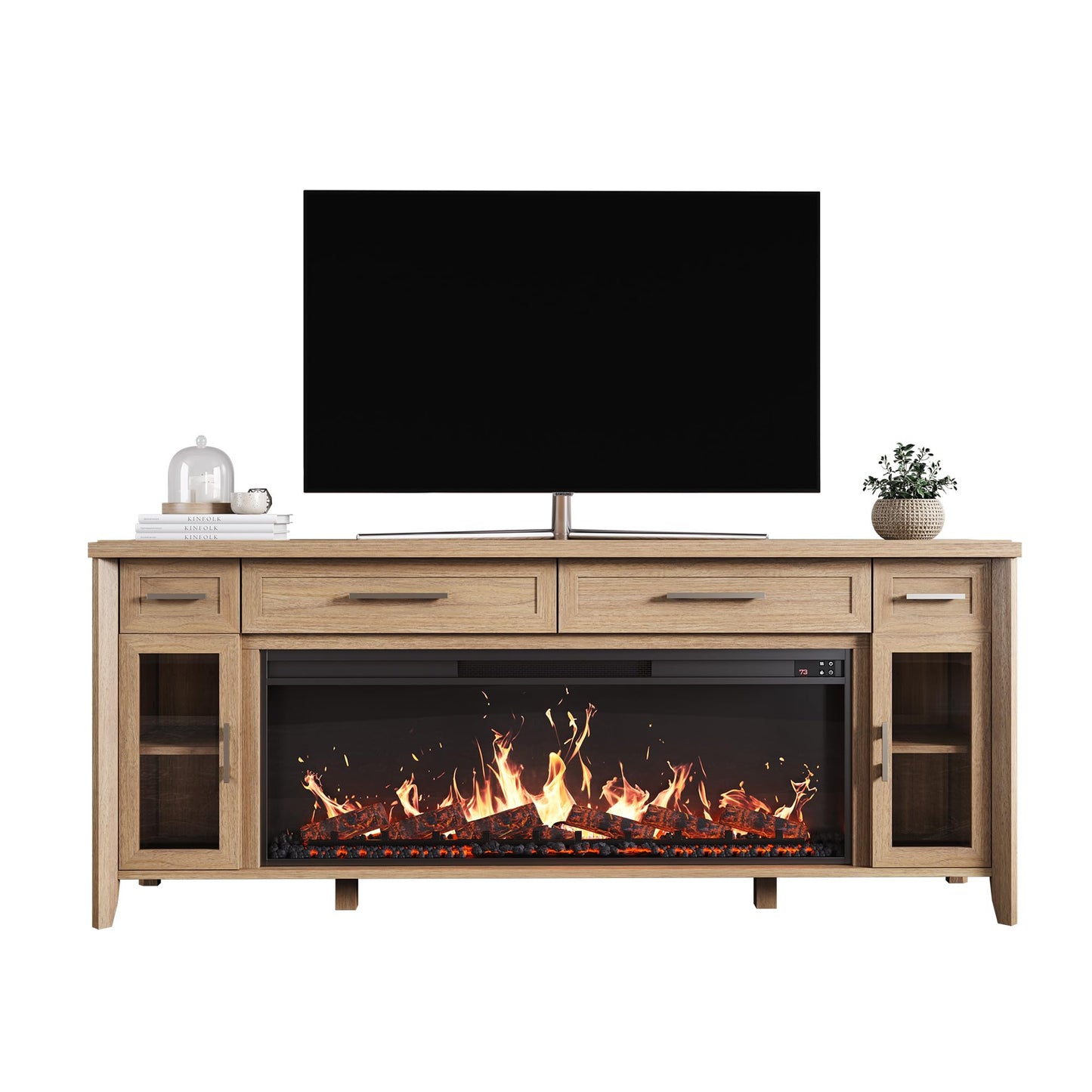 BELLEZE 74 Inch Rustic TV Stand with 48" Electric Fireplace, Extra Large Entertainment Center with Storage Cabinets & 4 Drawers, Media Console Table for Living Room Bedroom (Camel)