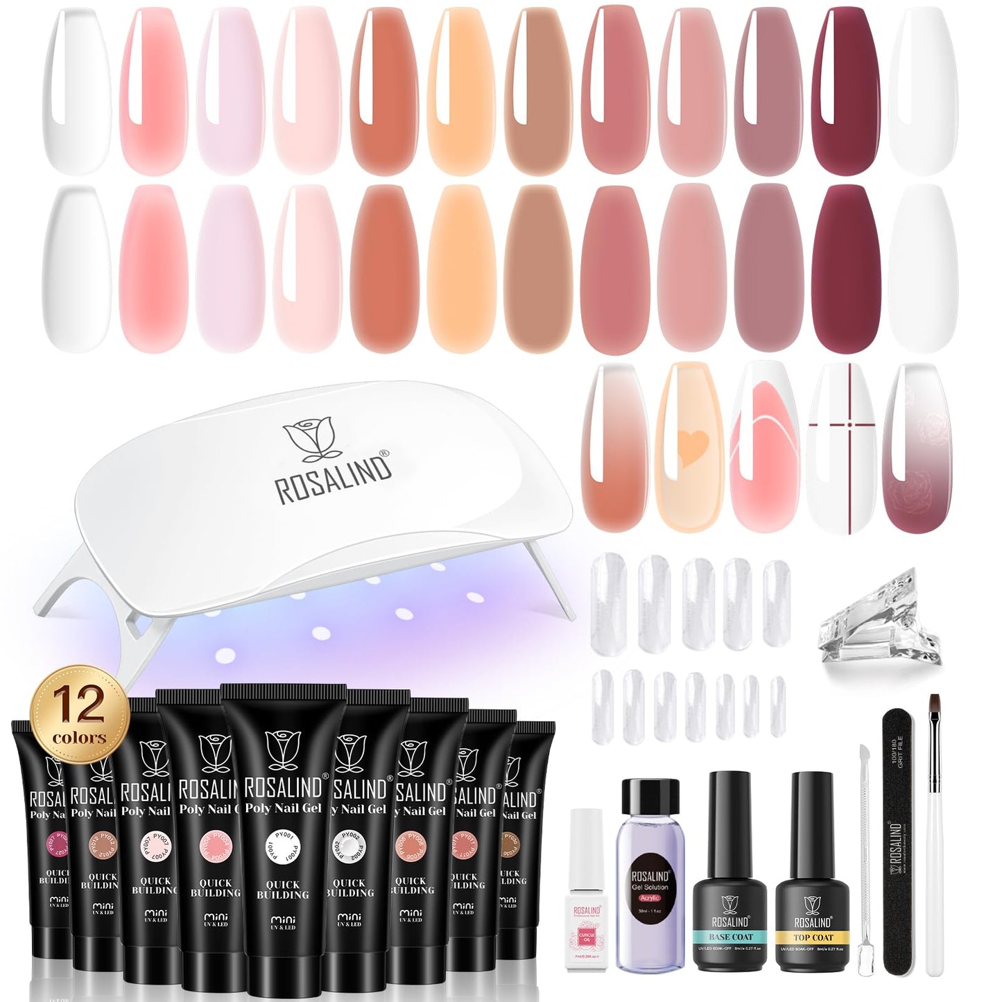 ROSALIND Poly Nail Gel Kit -12 Colors + Nail Art Accessories Kit Summer Neon Poly Nails Gel Kit Starter Kit With Slip Solution Pro Bright Colors Nail Extensions Gel Set with Mini UV Lamp