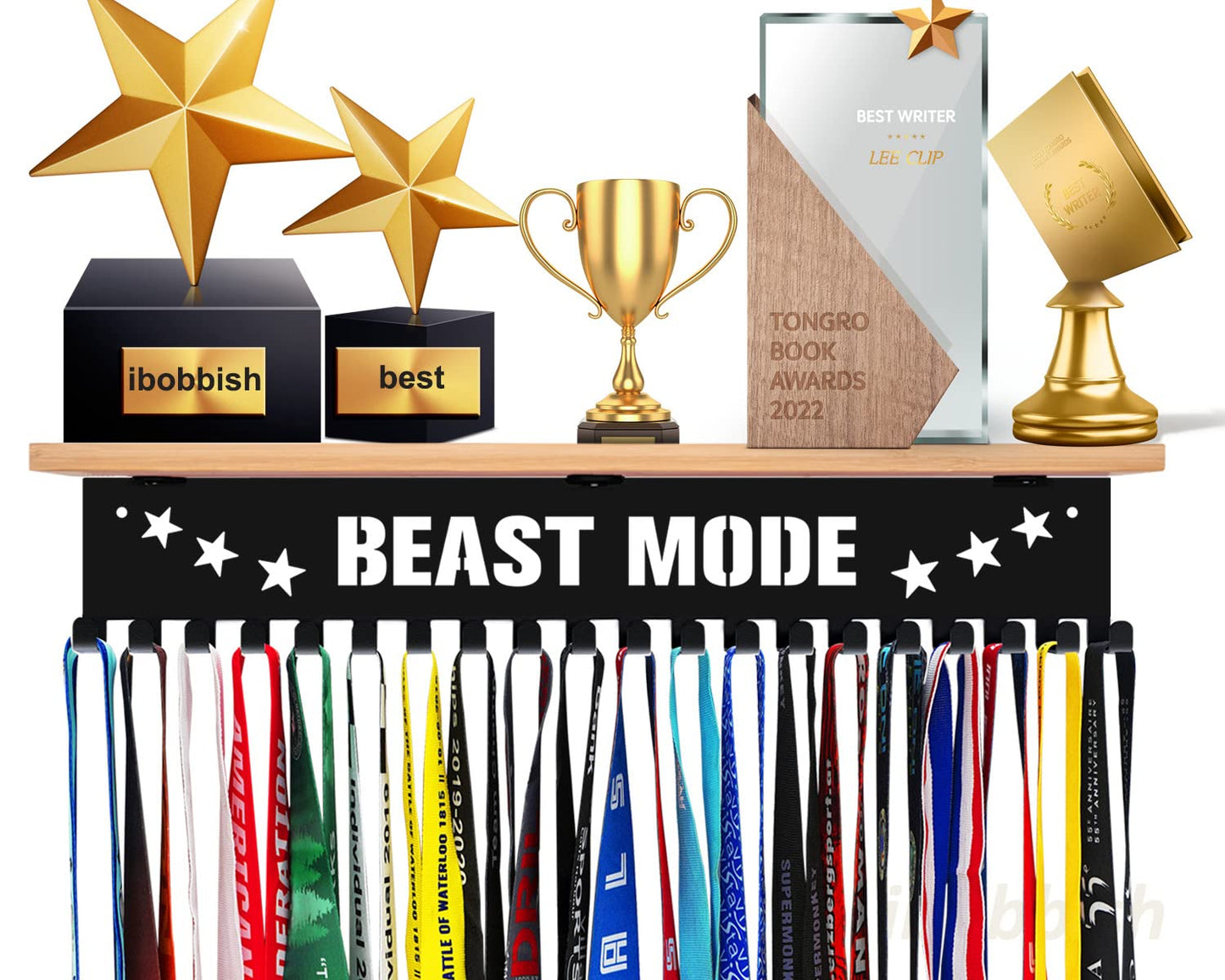 BEAST MODE Trophy and Medal Hanger Display Shelf,Soccer Trophy Shelf with 20 hooks for Medals,Sturdy Soccer Trophy Shelf in Black Metal Wall Mount Over big Medals Trophy Display Shelf with Gifts Box
