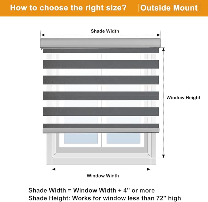 Persilux Cordless Zebra Blinds for Windows Shades (35.5" W x 64" H, Grey) Dual Layer Fabric Light Control for Day and Night Room Darkening Sheer Roller Shades for Home, Bedroom and Office