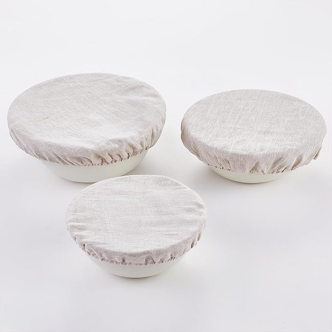 100% Pure Linen Bowl Covers For Bread Proofing, 2 Pcs 12 Inches Elastic Reusable Solid Color Cloth Fabric Bowl Covers,XL Organic Washable Large Stretch Sourdough Lids, Linen