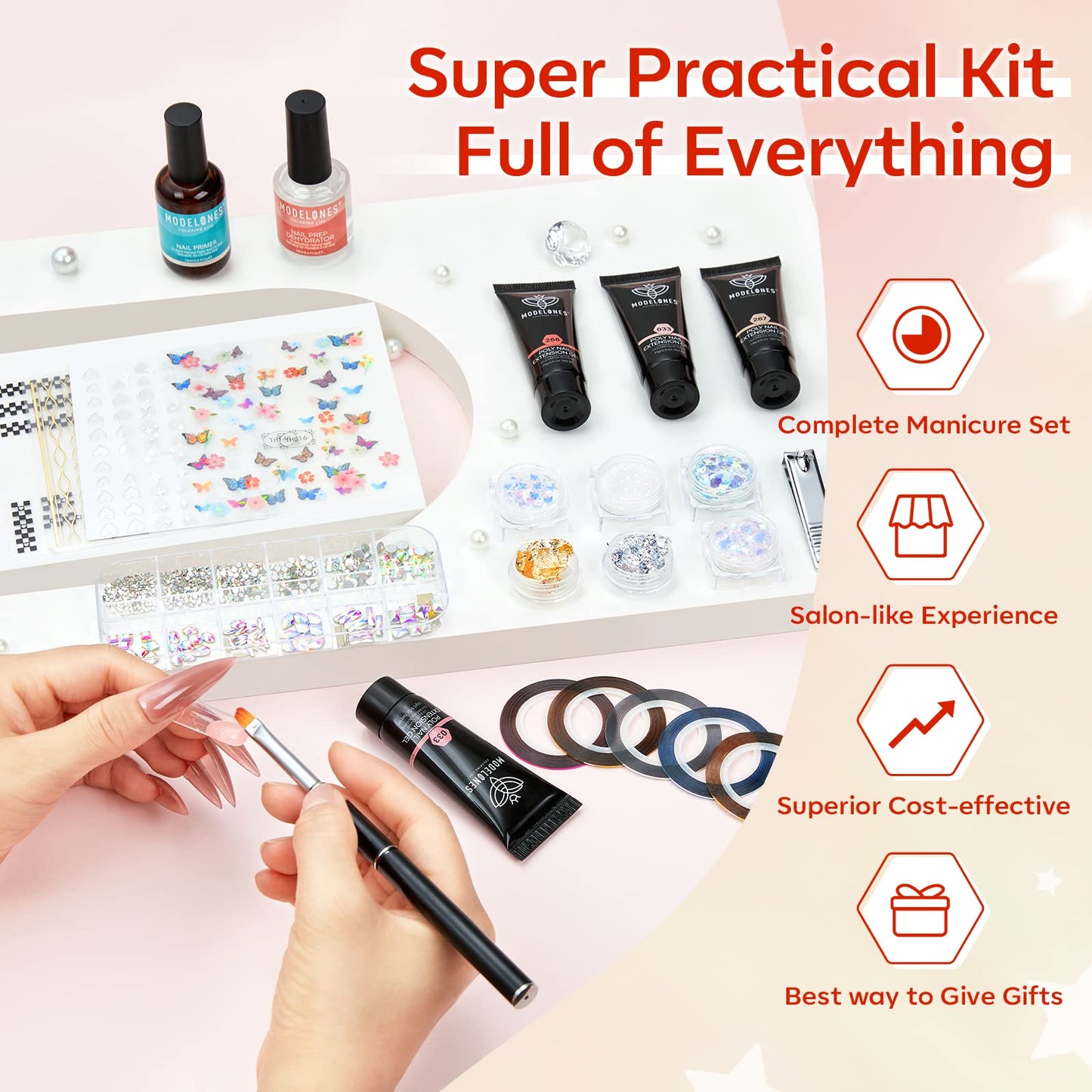 Modelones Poly Nail Gel Kit with 48W U V/LED Lamp 8 Fall Colors Clear Orange Pink Brown Glitter Extension Builder Gel Complete Art Tools Manicure Professional Starter Supplies DIY at Home