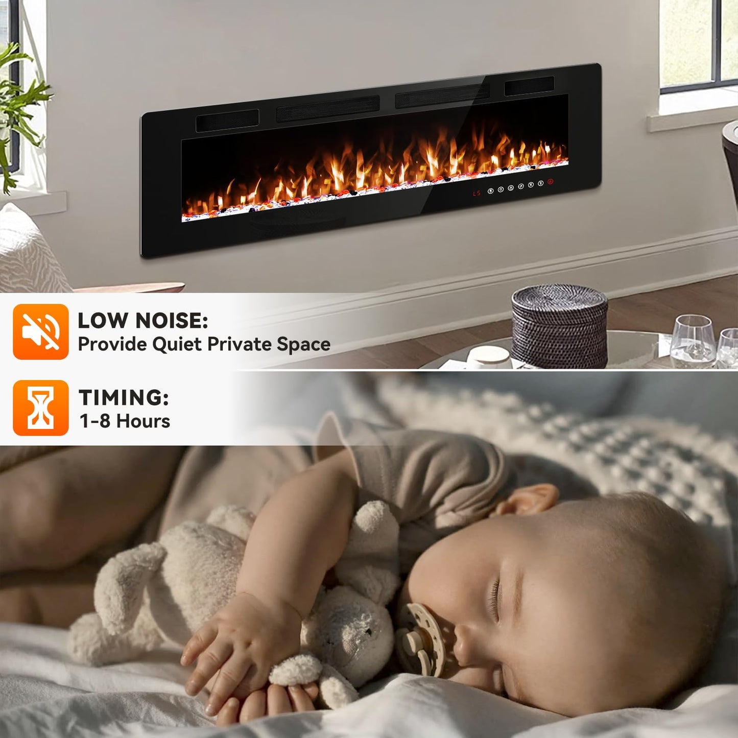 Tornivk 72 Inch Electric Fireplace Inserts Ultra-Thin Freestanding 750/1500W Electric Fireplace Heater Wall Mounted or Recessed Fireplace Electric with Adjustable Multicolor Flame,Timer