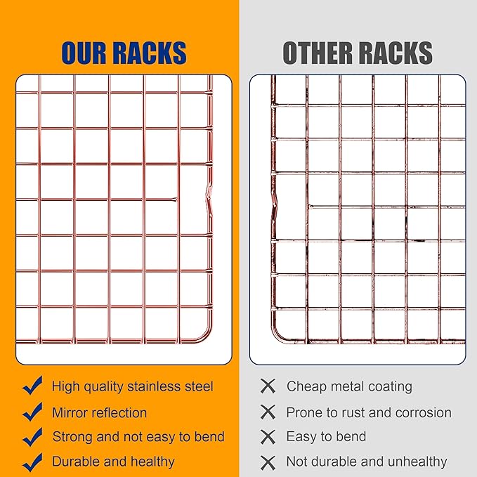 2-Pack Cooling Racks for Cooking and Baking - 10" x 15"Heavy Duty Stainless Steel Wire Rack for Baking, Grilling, Roasting - Oven & Dishwasher Safe - Fits Jelly Roll Sheet Pan(Rose Gold)
