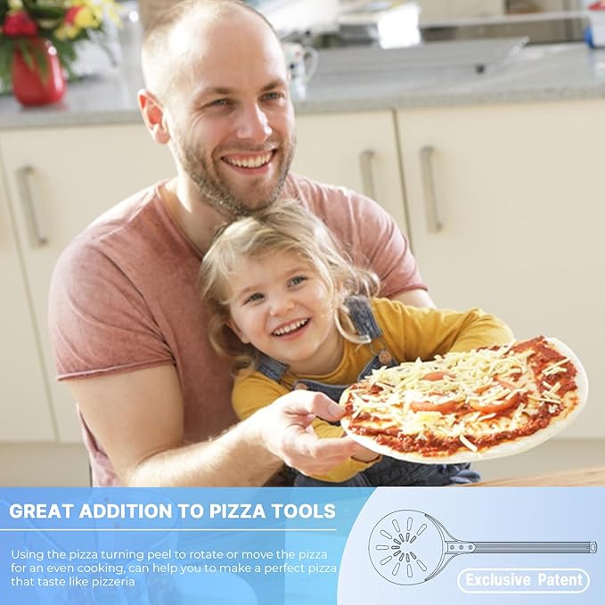 Pizza Turning Peel, 8-inch Pizza Peel Turner Spinner, Long Handle Perforated Aluminum Pizza Peel with Silicone Hook, Pizza Oven Accessories