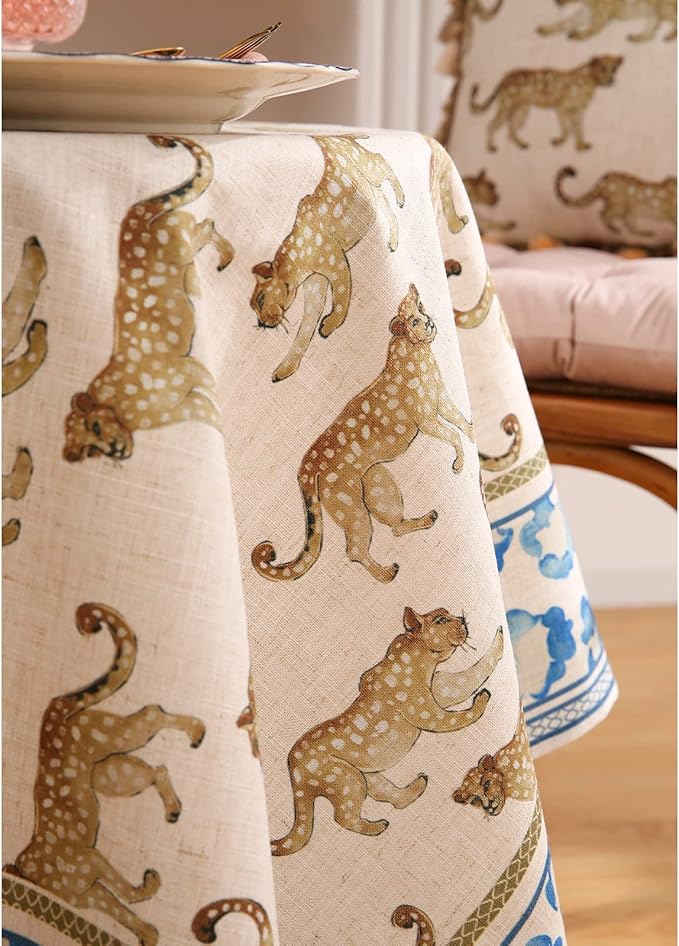 patdrea Designer Vintage Linen Long Table Cloth for Rectangle Table,Leopard Animal Pattern Soft Breathable Tablecloth,Decor Cover for Kitchen Dining,Christmas,Parties,Thanksgiving,63"x102"-from