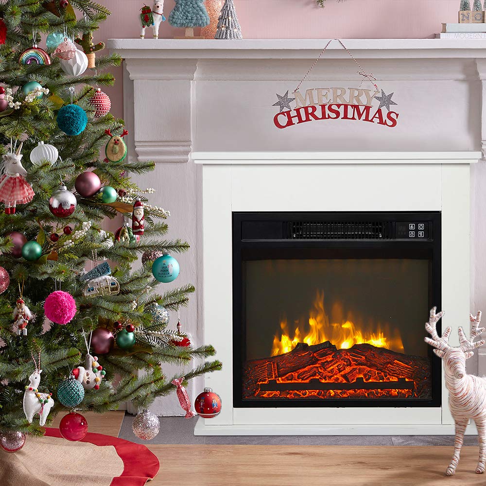ROVSUN 25'' Electric Fireplace with Mantel, Freestanding Heater with Remote, Timer, Realistic Flame & Adjustable Temperature for Home Bedroom Living Room Indoor, 1400W