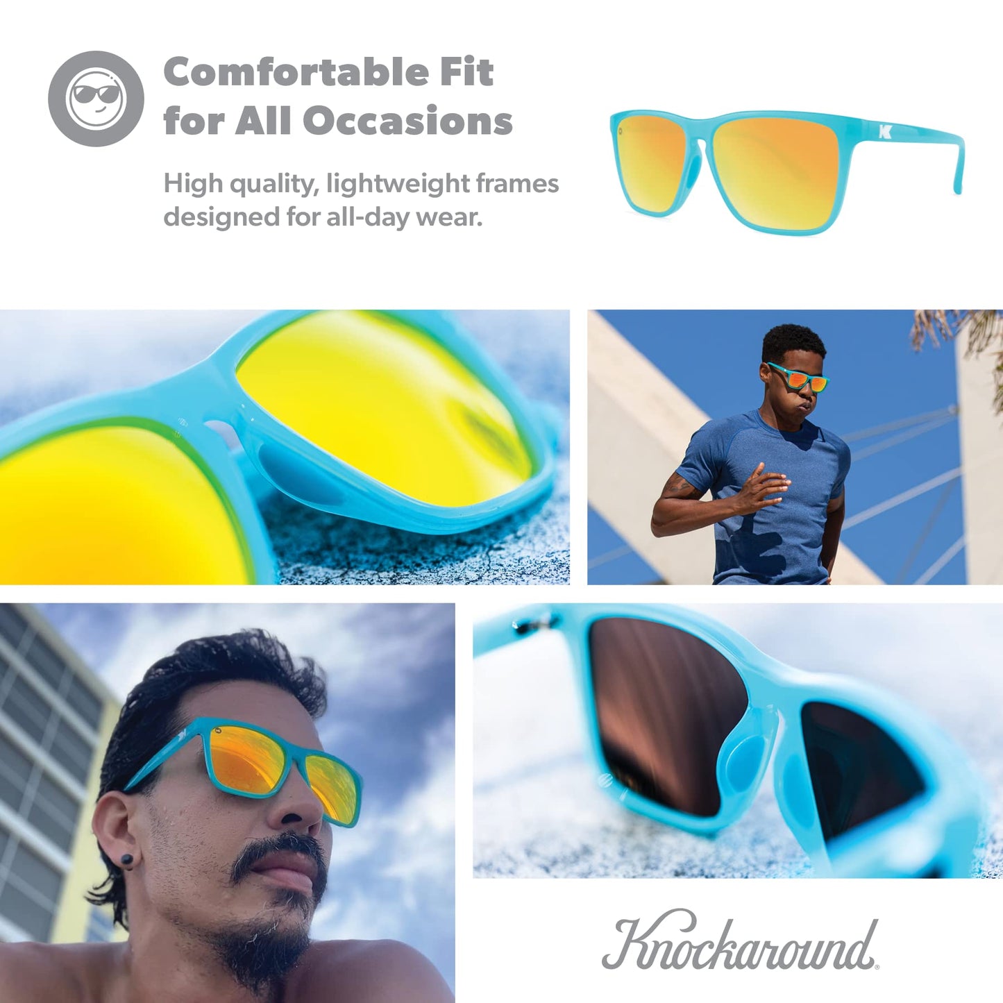 Knockaround Fast Lanes Sport - Polarized Running Sunglasses for Women & Men - Impact Resistant Lenses & Full UV400 Protection, Pool Blue Frame/Yellow Sunset Lenses