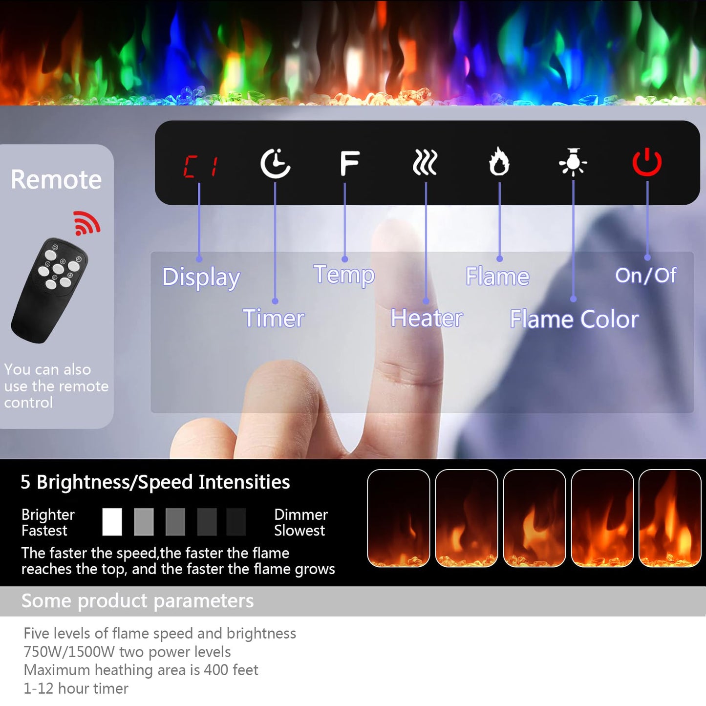 80 inch Ultra-Thin Electric Fireplace, Fireplaces Heater Wall Recessed or Wall Mounted, with Touch Screen Control Panel/Remote Control, Log & Crystal Included - 1500/750 Watt Heater